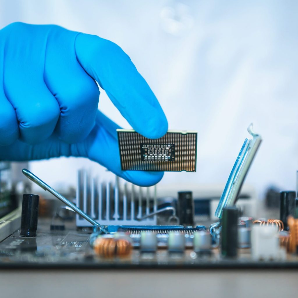 Close up of scientist hand holding computer microchip, Technology computer concept